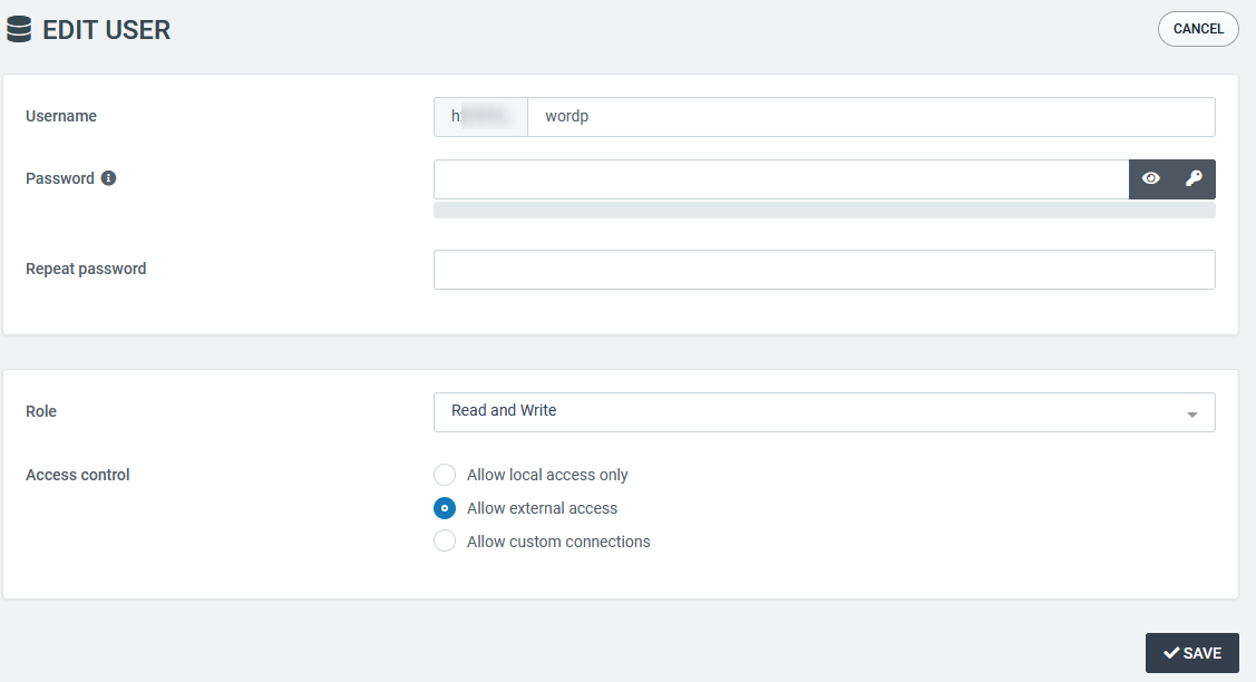 Screenshot of the MySQL-user editting menu, where both Password and Repeat password are left empty, while under Access control the radio button for Allow external access is selected.