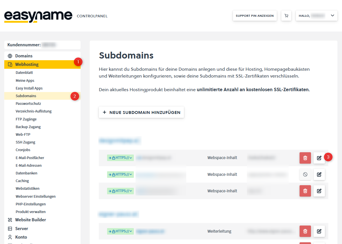 Screenshot der Subdomain-Übersicht im legacy Controlpanel, wobei der Unterpunkt Subdomains im Webhostingmenü ausgewählt ist. Die Menüpunkte Webhosting, Subdomains und das Bearbeitensymbol neben einer Subdomain sind mit Zahlen von 1 bis 3 durchnummeriert.