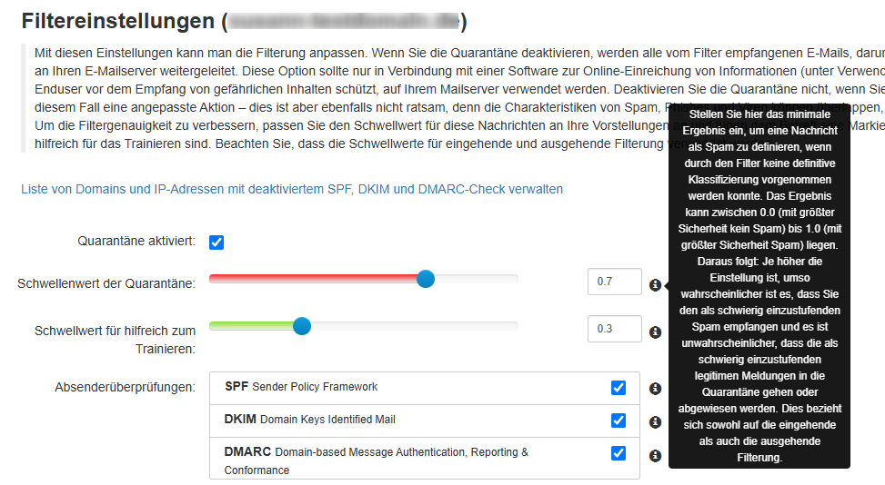 Filtereinstellungen in Spam Control