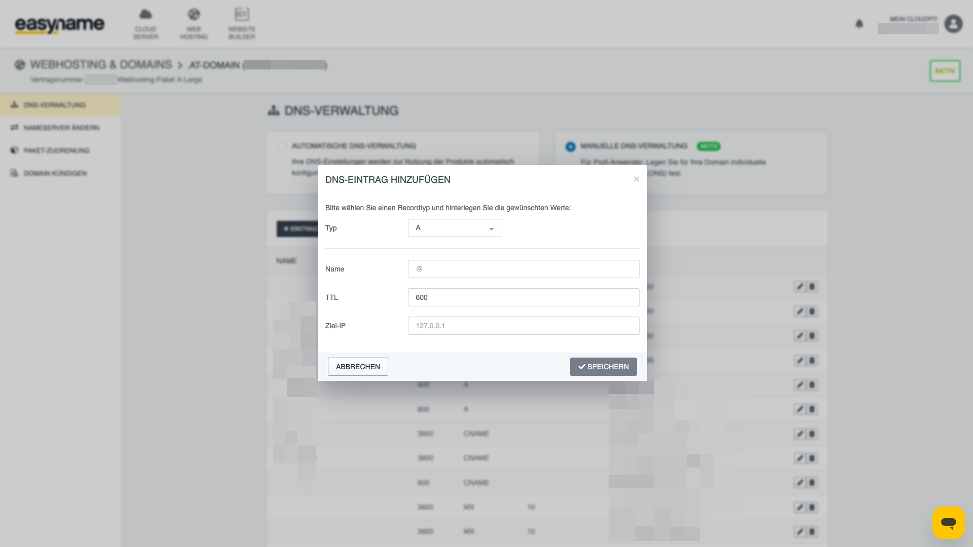 Record-Typ und Werte eines DNS-Eintrags im CloudPit festlegen