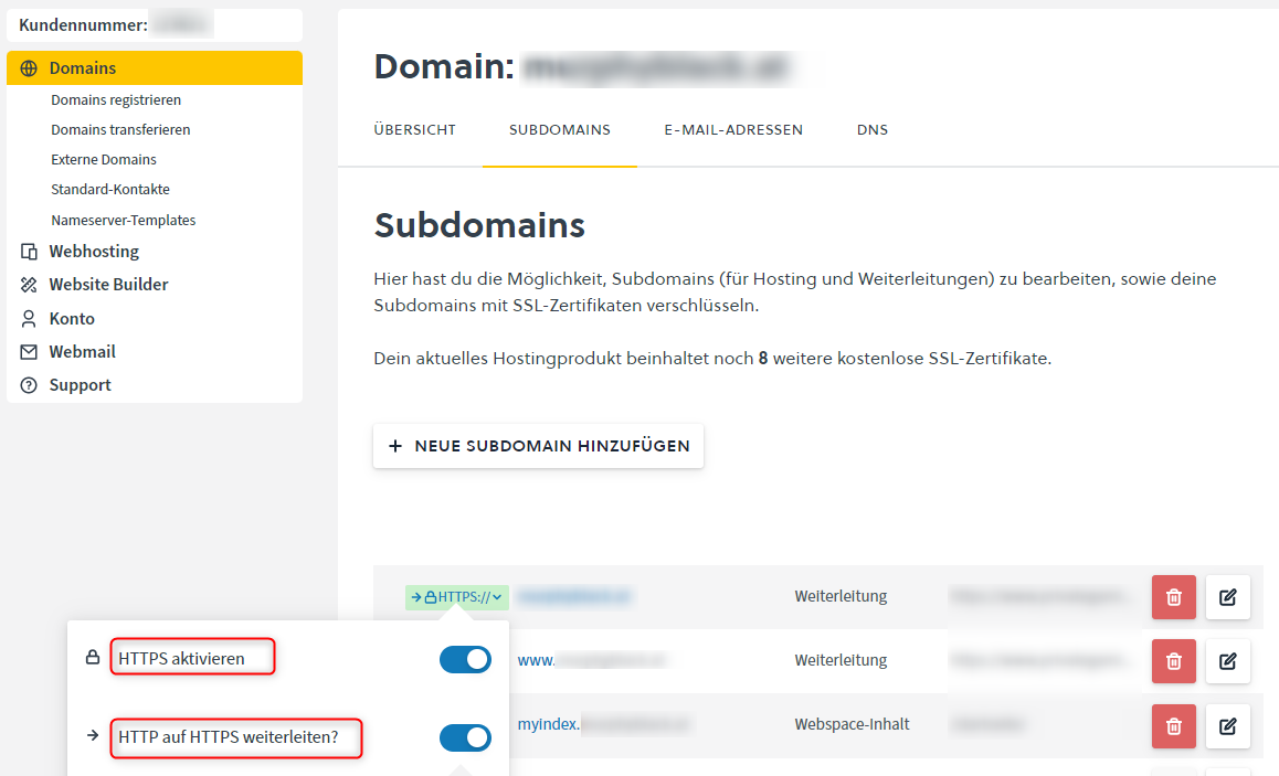 Let's Encrypt und HTTPS-Weiterleitung im easyname Controlpanel aktivieren