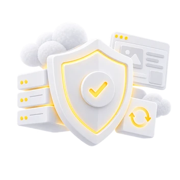 White shield with a yellow glow and checkmark, surrounded by clouds and UI panels.