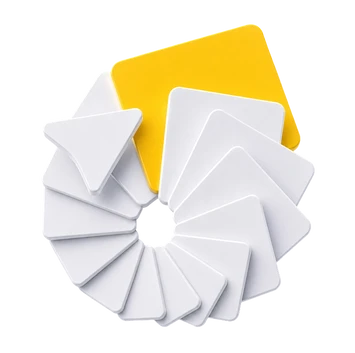 Curved spiral of white rectangular cards around a central opening, with a yellow card behind.