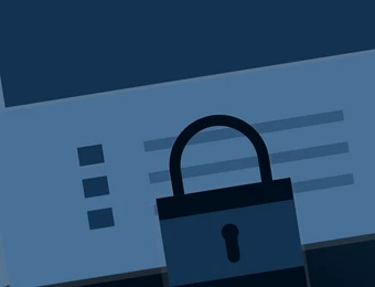 Blue illustration of layered web pages with a central padlock icon.