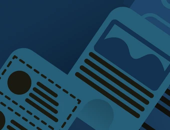Overlapping blue panels with image placeholders and text lines; one card has dashed border, 'SEO' visible.