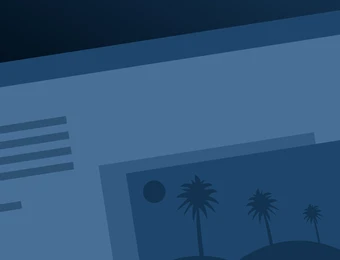 A computer window with text lines and a palm-tree image; a person reaches toward the window.