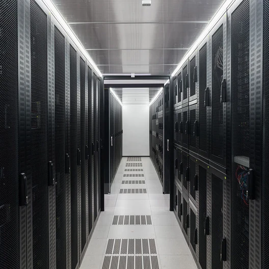 Hallway in a data center with tall black server racks on both sides and overhead lighting.
