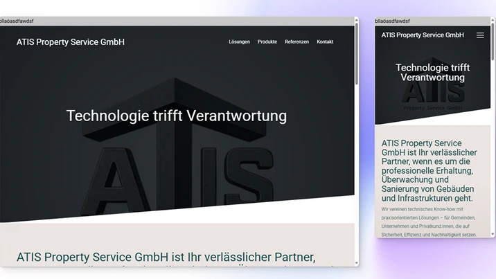 Overlapping browser windows show a dark site with the headline Technologie trifft Verantwortung and ATIS Property Service GmbH