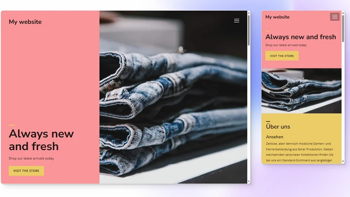 Web page layout with a pink left panel, a photo of folded jeans in the center, and a yellow button labeled Visit the store.