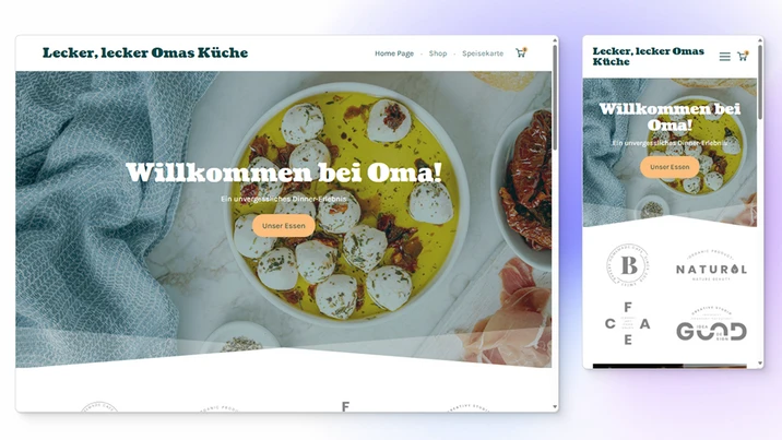 Screenshot of a German recipe site showing a plate of dumplings in a yellow bowl with the text Willkommen bei Oma!