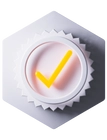 White circular badge with a yellow checkmark on a layered white rosette.