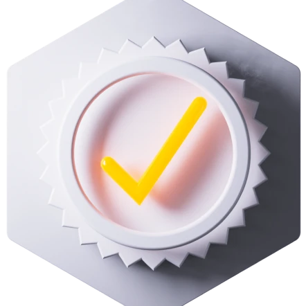 White circular badge with a yellow checkmark on a layered white rosette.