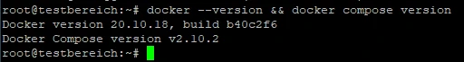 Terminal showing Docker version 20.10.18 and Docker Compose version v2.10.2.