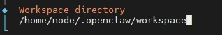 Terminal prompt showing 'Workspace directory' and the path /home/node/.openclaw/workspace with a cursor.