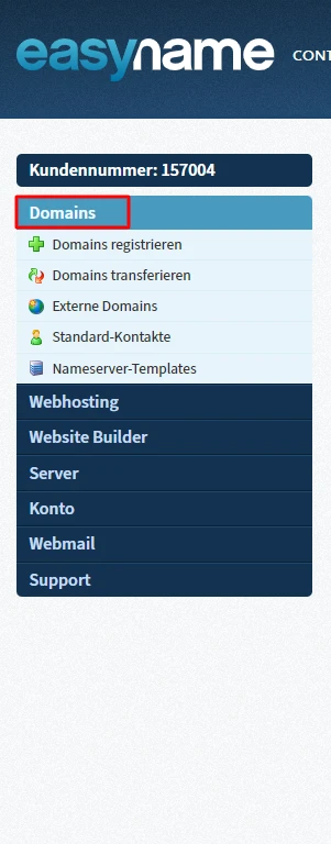 Screenshot of easyname admin: header with Kundennummer 157004 and left menu showing Domains and Webhosting sections.
