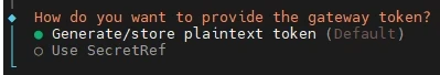 Terminal menu asking how to provide the gateway token; options: generate/store plaintext token (default) or use SecretRef.