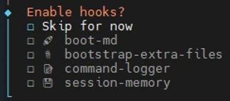 Dialog 'Enable hooks?' with a checkbox list: Skip for now, boot-md, bootstrap-extra-files, command-logger, session-memory.