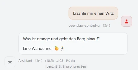 Chat UI showing a peach-colored bubble 'Erzähle mir einen Witz' and a white bubble containing the joke 'Was ist orange und geht den Berg hinauf? Eine Wanderine! 🍊🏃'