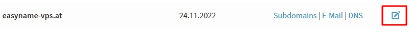 Row with domain on left, date 24.11.2022, blue links Subdomains | E-Mail | DNS, and a small edit icon on the right.