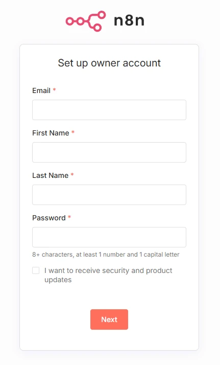 Signup form card with Email, First Name, Last Name, Password fields, password note, a checkbox, and Next button.