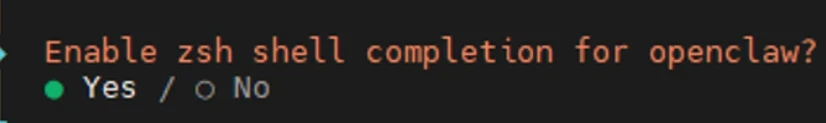 Dark terminal with orange text asking to enable zsh shell completion; green bullet and Yes / No options.