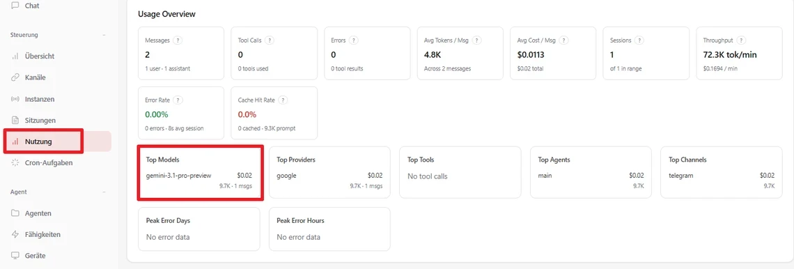 Dashboard UI: left vertical navigation with 'Nutzung' highlighted; main area shows 'Usage Overview' with several data cards.