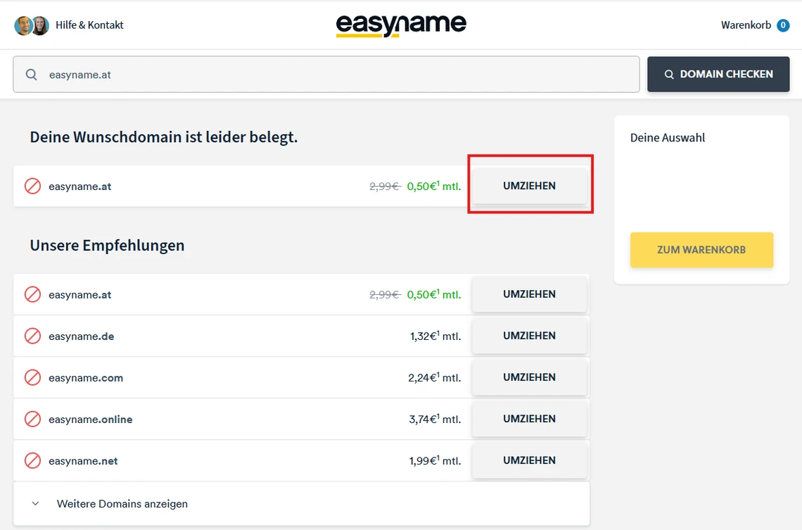 Screenshot einer Domain-Verwaltungsseite von easyname mit gelisteten Domains, 'UMZIEHEN'-Knöpfen und rechter Warenkorb-Panel.