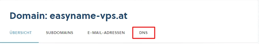 Domain: easyname-vps.at with a horizontal navigation bar; DNS tab is highlighted.