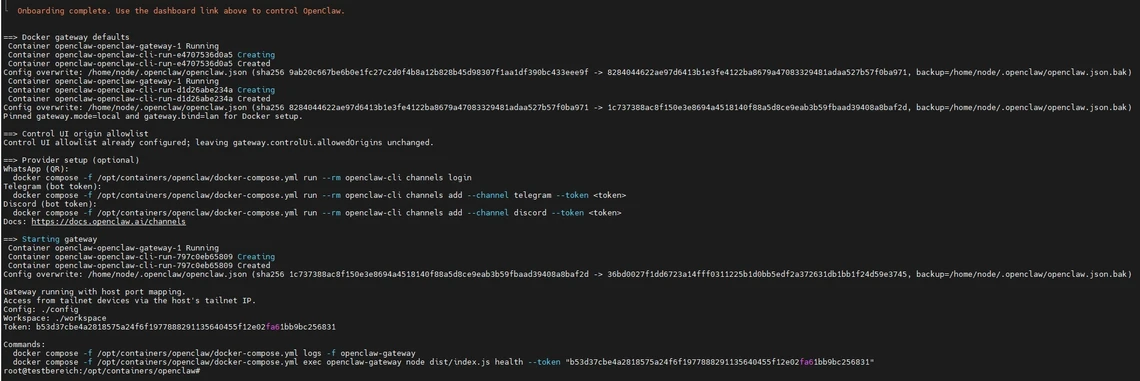 Dark terminal window with multiple lines of colored text and command output.