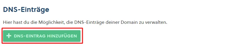 DNS-Einträge header with a short explanatory text and a green button labeled + DNS-EINTRAG HINZUFÜGEN.