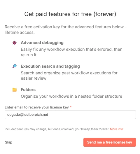 Web page titled 'Get paid features for free (forever)' with three features, email input, and orange 'Send me a free license key' button.