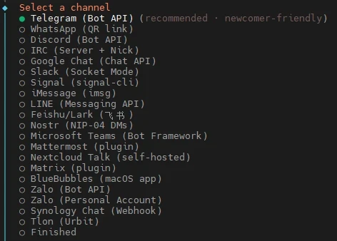 Terminal-style menu listing multiple chat channels with selectable options.