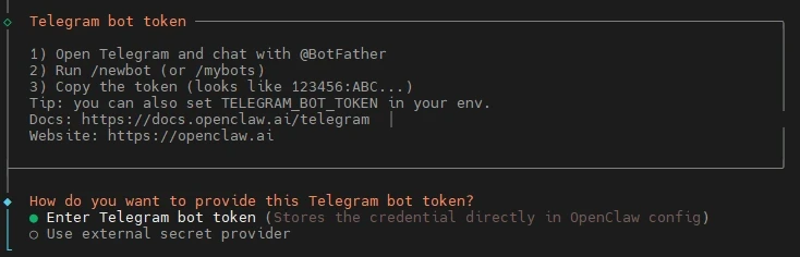 Dark UI screen with an orange header labeled Telegram bot token, a bordered code block with steps, and green bullet options.