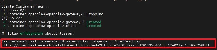 Terminal output in German showing container status; lines include Created and erfolgreich abgeschlossen with a red block.