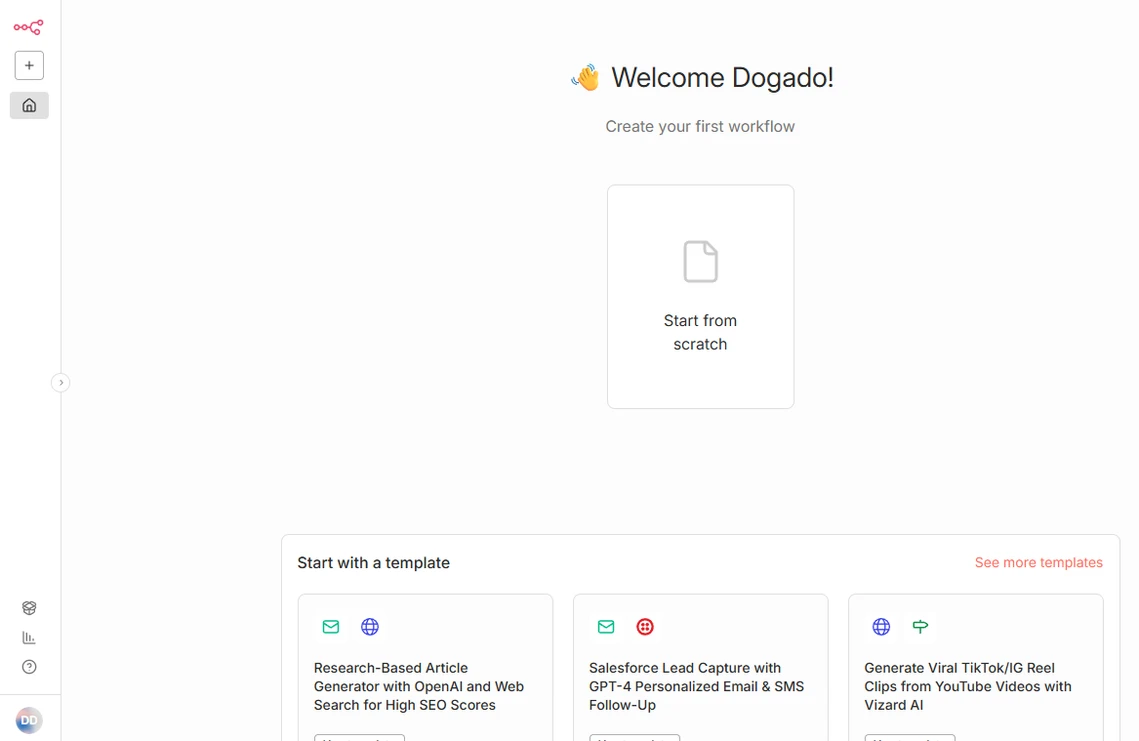 White UI screen with welcome message, central 'Start from scratch' card, bottom row of template cards, and left toolbar.