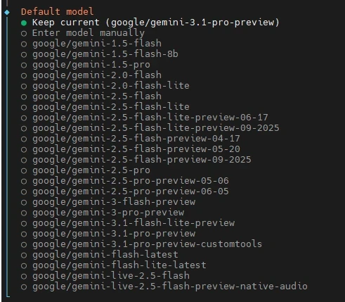 Terminal menu showing Default mode with a selected Keep current (google/gemini-3.1-pro-preview) and a list of google/gemini variants