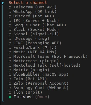 Terminal menu listing chat channels with bullets (Telegram, WhatsApp, Discord, IRC, etc.) and a 'Finished (Done)' item at bottom.
