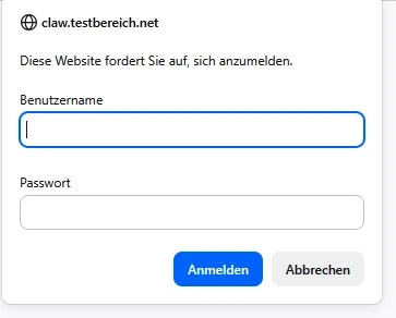 Anmelde-Dialog mit Feldern Benutzernamen und Passwort und Buttons Anmelden und Abbrechen.