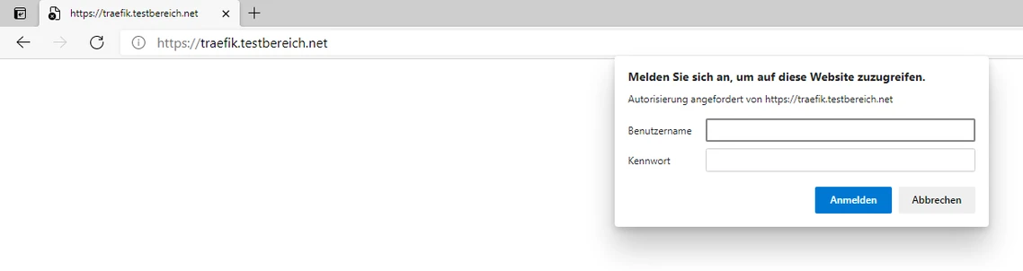 Browser window with a login dialog requesting authorization; fields for username and password, with Anmelden and Abbrechen buttons.