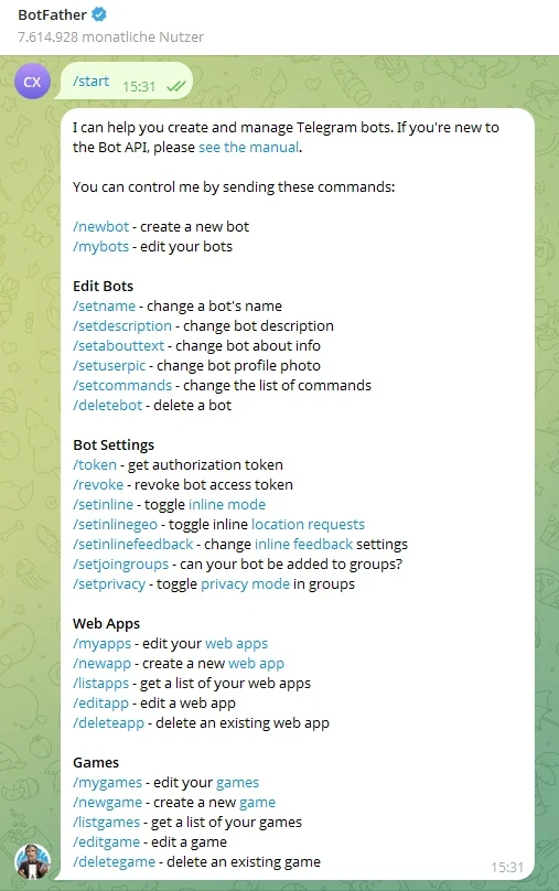 Telegram BotFather chat showing commands to create and manage bots, including Edit Bots, Bot Settings, Web Apps, and Games.
