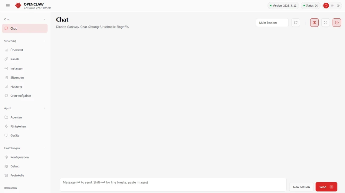Web app UI: left sidebar menu, top header OPENLAW, central Chat area, bottom input with red Send button.