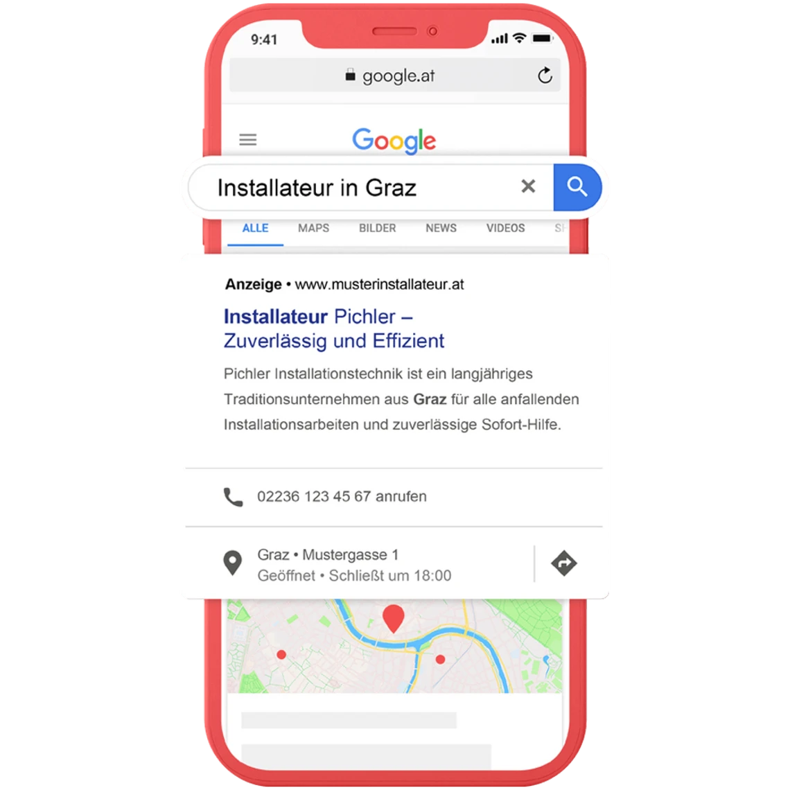Smartphone screen showing Google search results for Installateur in Graz, with an ad card and a map with a red pin.