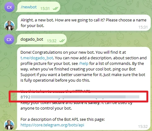 Telegram chat shows bot setup messages; green chat bubbles with avatars, red outline around 8782.