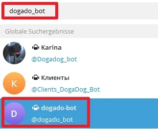 UI showing a dogado_bot label, a global search results list, and a blue chat entry for dogado-bot with a purple avatar.