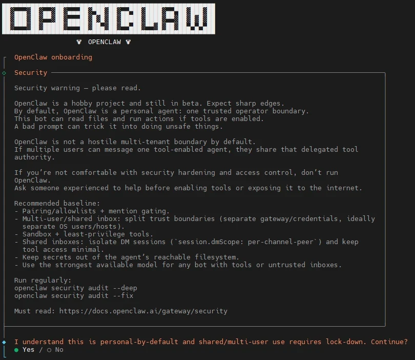 Pixel-art OPENCLAW logo above a dark terminal window with a bordered security warning and a Yes/No confirmation.