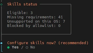 Dark UI shows a Skills status panel: Eligible 3, Missing 41, Unsupported 7, Blocked 0; Configure skills now? Yes (green dot).
