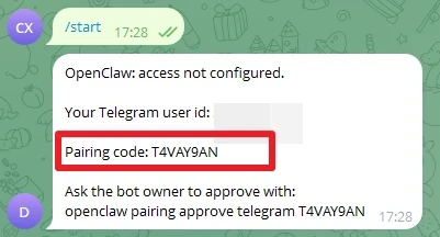 White dialog box displaying 'OpenClaw: access not configured' and 'Pairing code: T4VAY9AN' with a red outline.