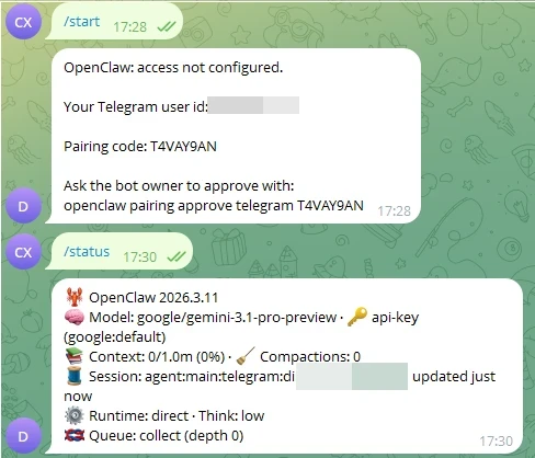 Telegram chat screenshot with a message: 'OpenClaw: access not configured' and a pairing code, plus a version/status block.