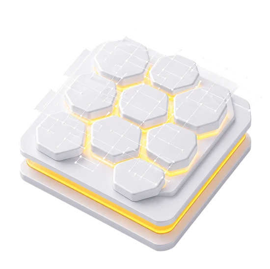White hexagonal tiles arranged in a square grid on a layered gray platform with a yellow glow between the tiles.