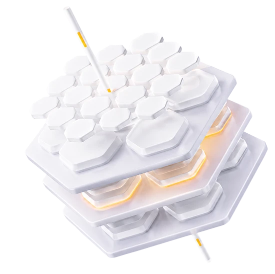 White modular keyboard with hexagonal keys in three stacked layers and a white cable.
